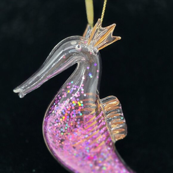 Glass Glitter Filled Seahorse Ornament With Gold Crown & Tail 5" - Picture 2 of 6